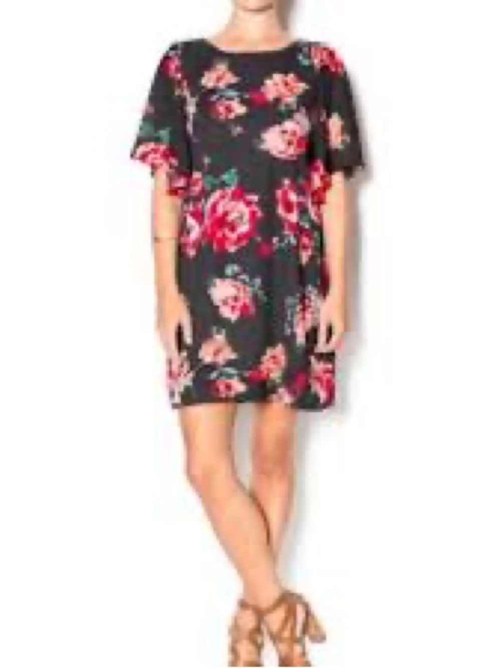 Everly Black Mini Dress with Red & Peach Floral Print flutter sleeves 295